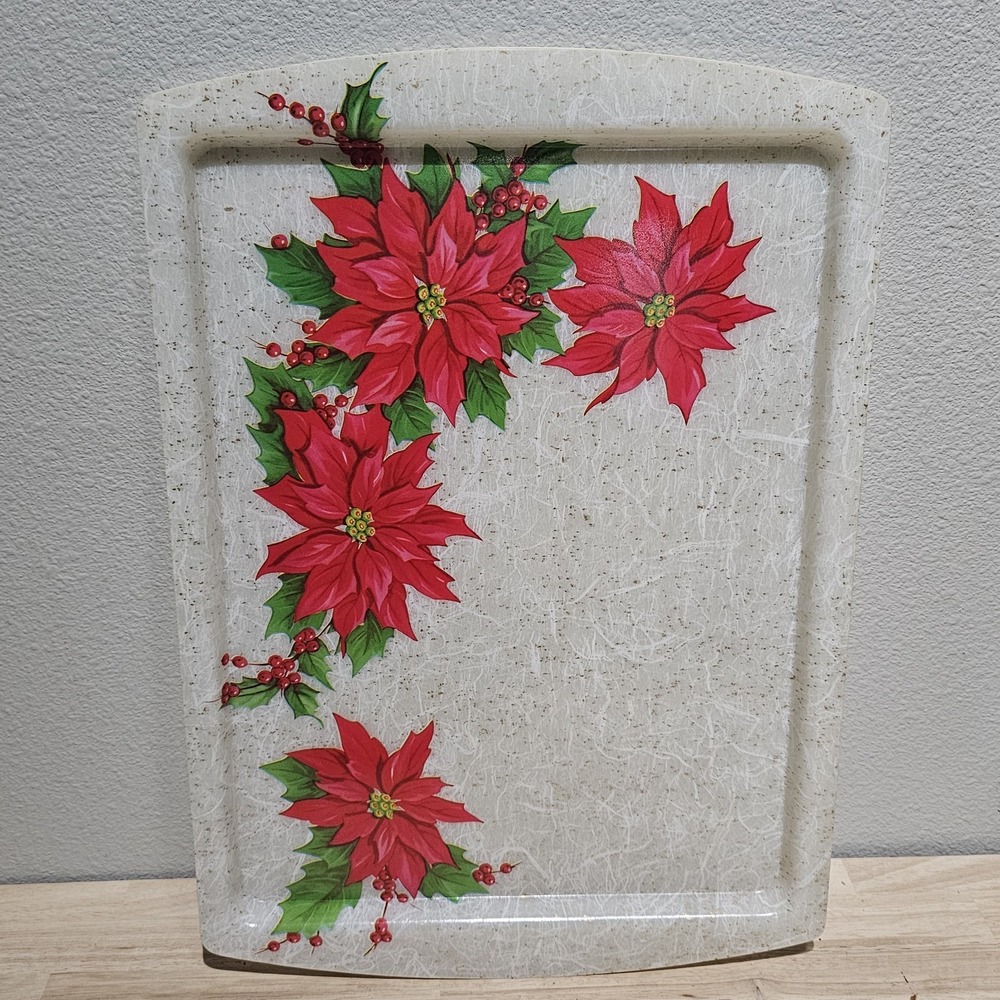 Vintage Poinsettia Christmas Serving Tray Melamine Speckled 17x12 Holiday